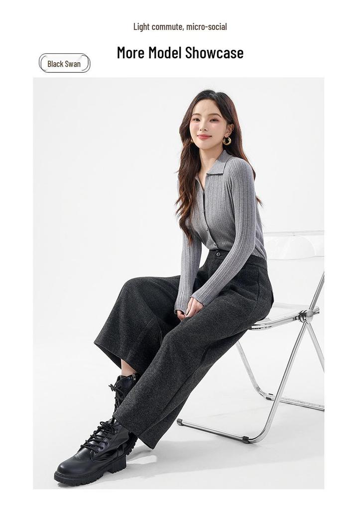 Women's High-Waisted Black-Grey Wool Blend Wide-Leg Trousers, Plus Size, Autumn/Winter