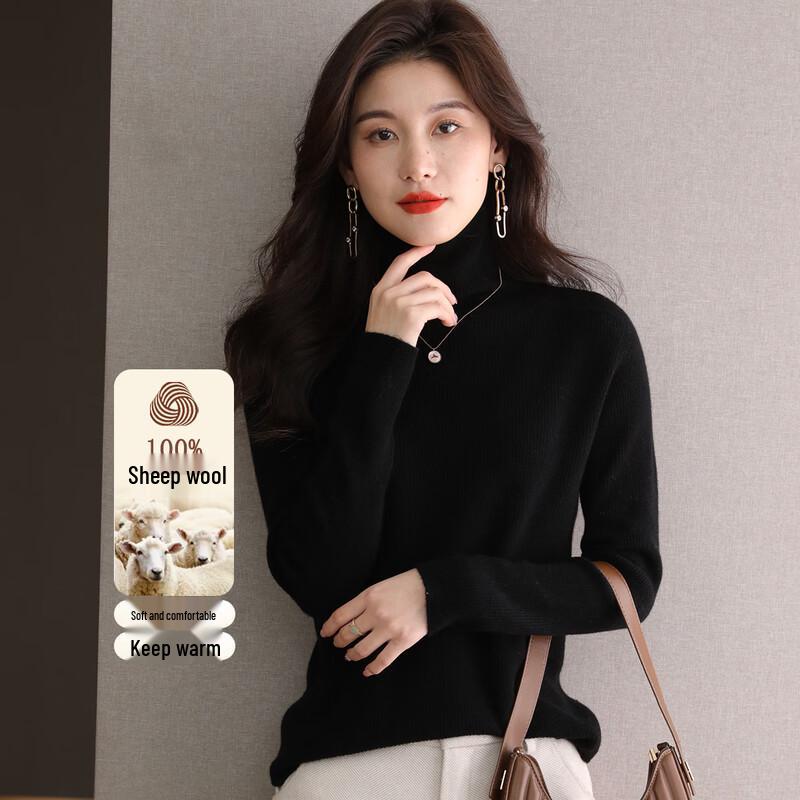 SNOWFLYING Women's 100% Merino Wool Ribbed Turtleneck Sweater