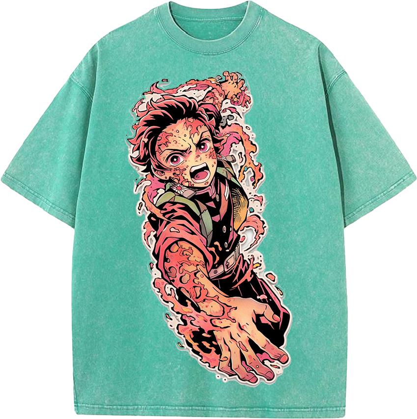 Japan Anime Demon Slayer Kamado Tanjirou Printed Tshirt Men Casual Cotton T-shirts Vintage Washed Tee Harajuku Male T Shirt