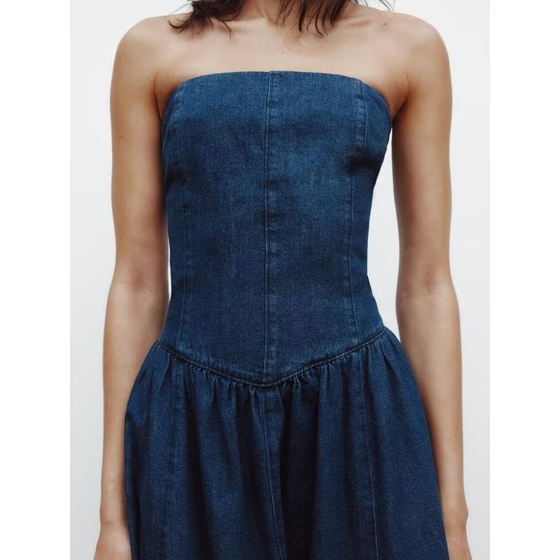 Za2025 Spring New Women's Clothing Elegant Boat-Neck Waist-Tight Slim Looking Denim Midi Skirt Dress 6929093