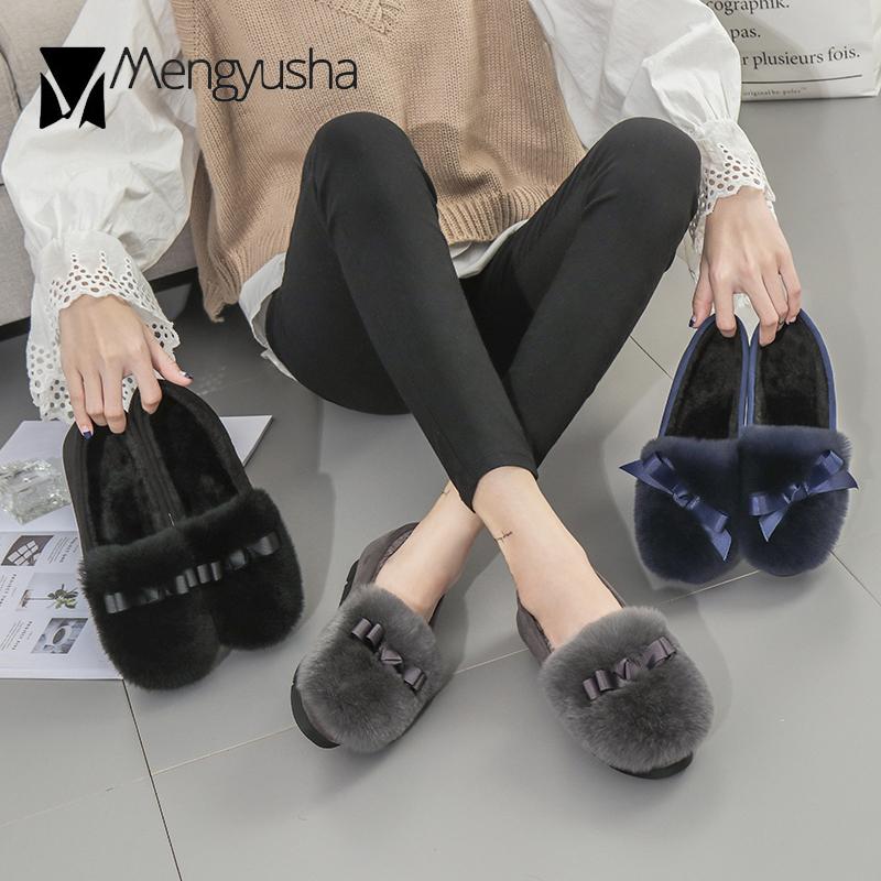 Зимние женские туфли на плоской подошве из кроличьего меха с бантом и плюшевыми — фото 5