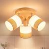 3-spot Ceiling Light - NETTLIFE - Wooden Base E14 350° Swiveling - Linen Fabric Lampshade - 3x25W - Vintage White Style