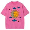 Women's Moon and Sun Printed T-shirt Oversized Short Sleeved Retro Washed Shirt Summer Top