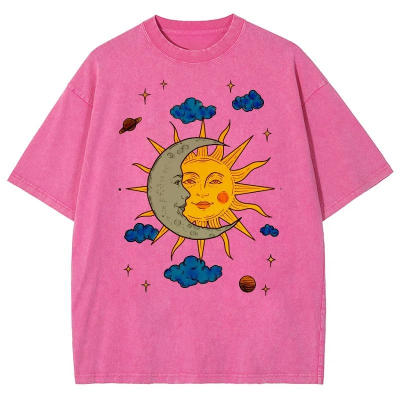 Women's Moon and Sun Printed T-shirt Oversized Short Sleeved Retro Washed Shirt Summer Top