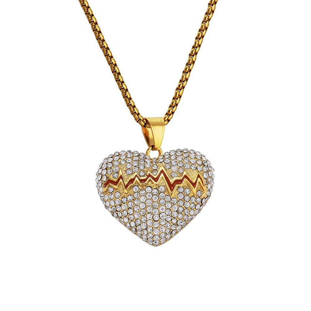 

Hip Hop Iced Out Bling ECG Heart Pendant Wholesale Gold Color Stainless Steel Nurse Necklace for Women Men Fashion Jewelry Gift 60cm
