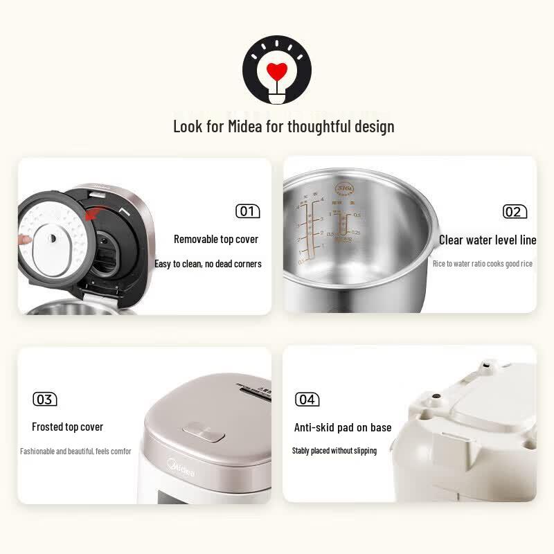 Midea 2L Smart 0-Coating Stainless Steel Rice Cooker CN Plug (adapter Included)
