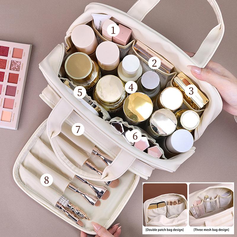 1 Stück Pu-Leder Doppelschicht-Make-up-Tasche Große Kapazität Kosmetiktasche Luxus-Kosmetik-Organizer Damen Reiseutensilien