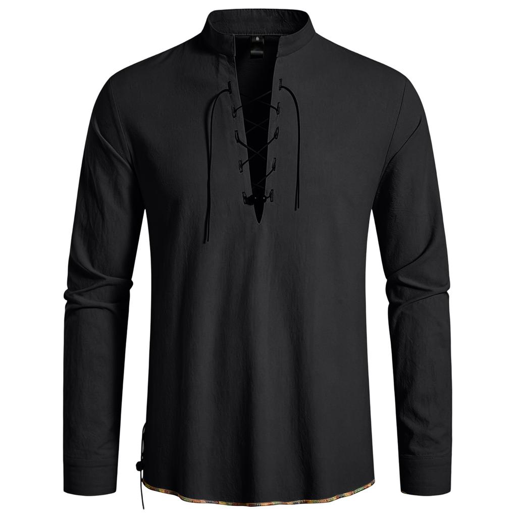 Men's Casual Hippie Style Drawstring Collar Long Sleeve Shirt Cotton Linen Blend Lightweight Comfortable Top for Everyday Wear