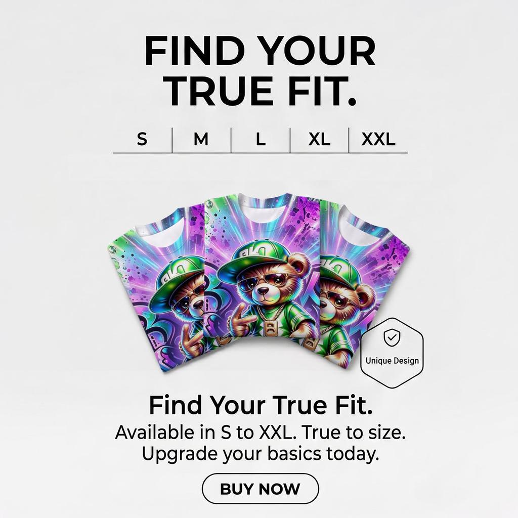 Men’s Full‑Print Hip‑Hop Teddy Bear Crew Neck T‑Shirt, Colorful Graffiti Splash Art Street Style Casual Short Sleeve Tee