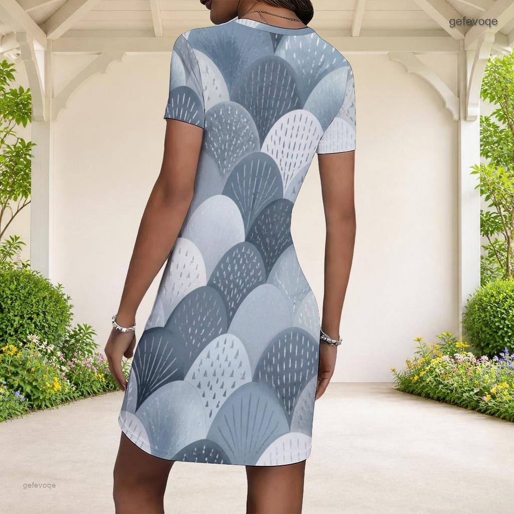Women Plus Size Round Neck Short Sleeve Geometric Printed Fitted Mini Dress