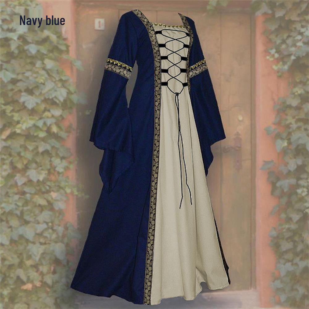 European & American Gothic Retro Square Neck Long Bell Sleeve Lace-Up Slimming Women's Dress