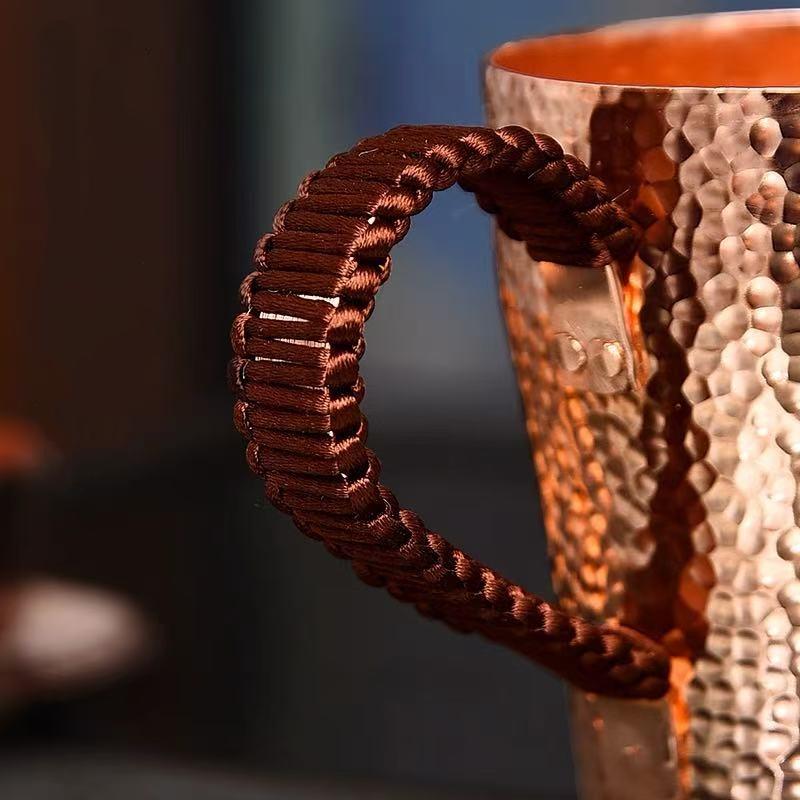 Vintage Pure Copper Coffee Cup,Handcrafted Polishing Engraving Hammer Texture Woven Handle 400 ml Beer Mug,Tea Cup Tableware