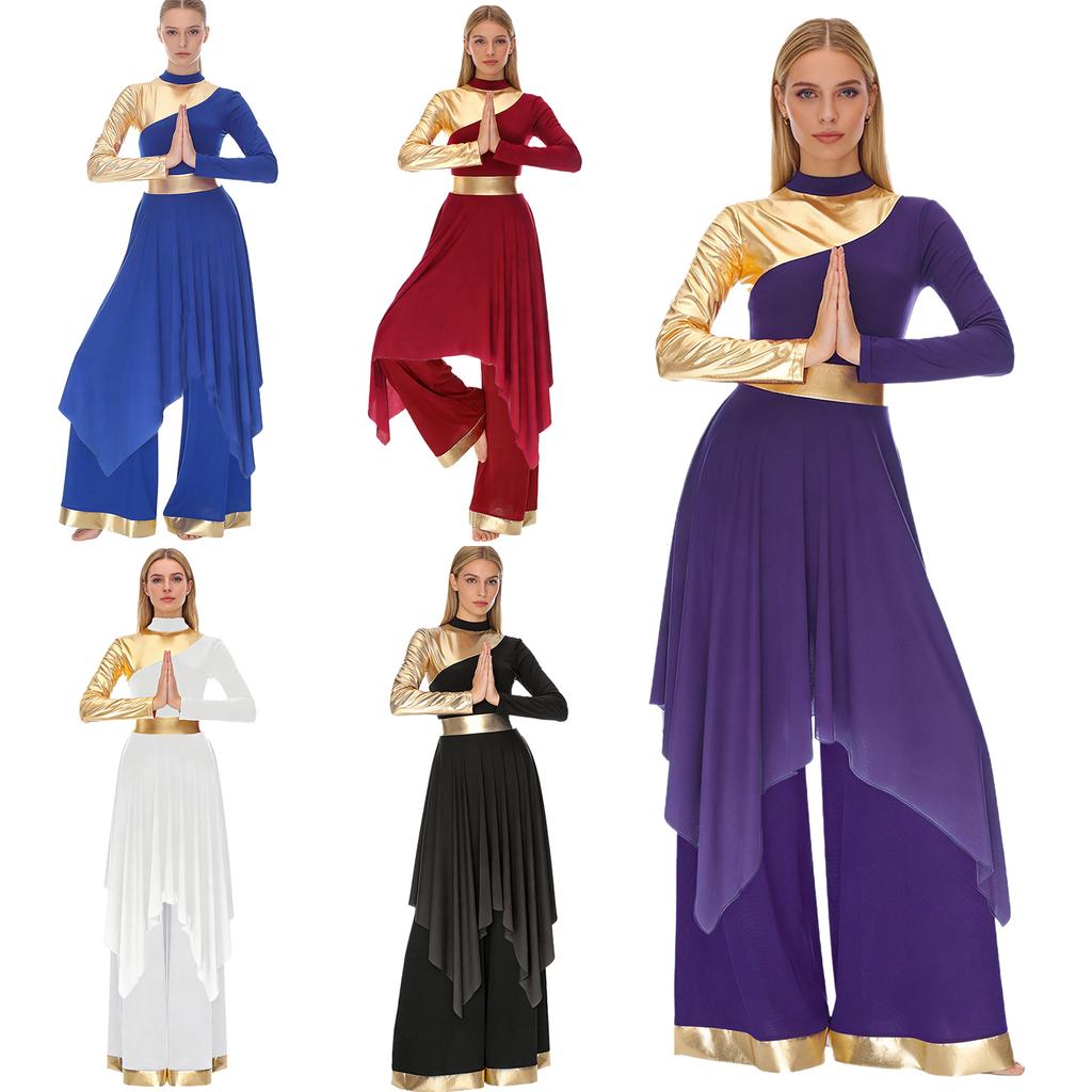 Costume da Danza di Lode e Adorazione da Donna S-XXL: Abito a Manica Lunga con Orlo Asimmetrico & Pantaloni a Gamba Larga Colore a Contrasto Completi da Ballo