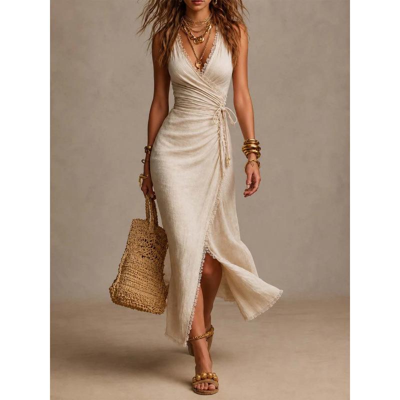 European and American women's clothing, deep V neck cross-cut bohemian holiday style long dress