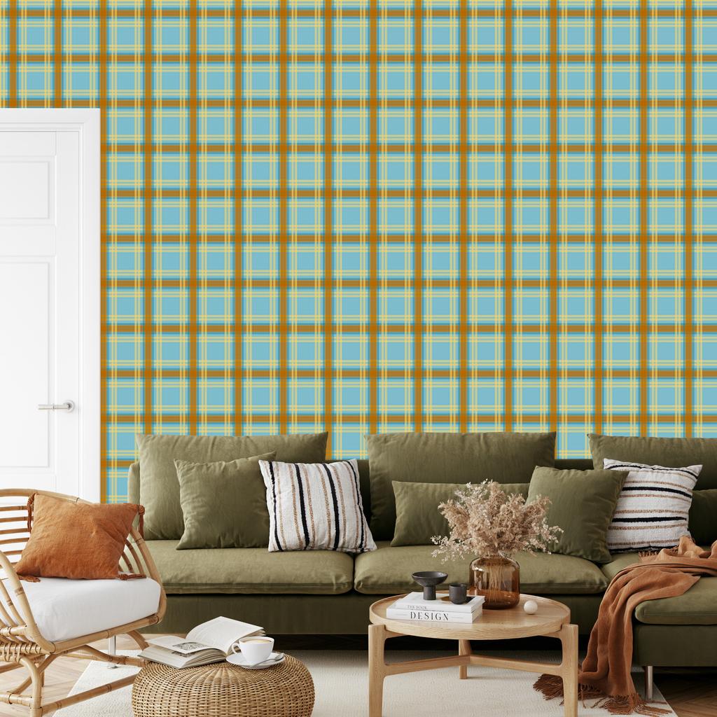 Yellow and blue checkered wallpaper, gold, turquoise and green, 50x1000