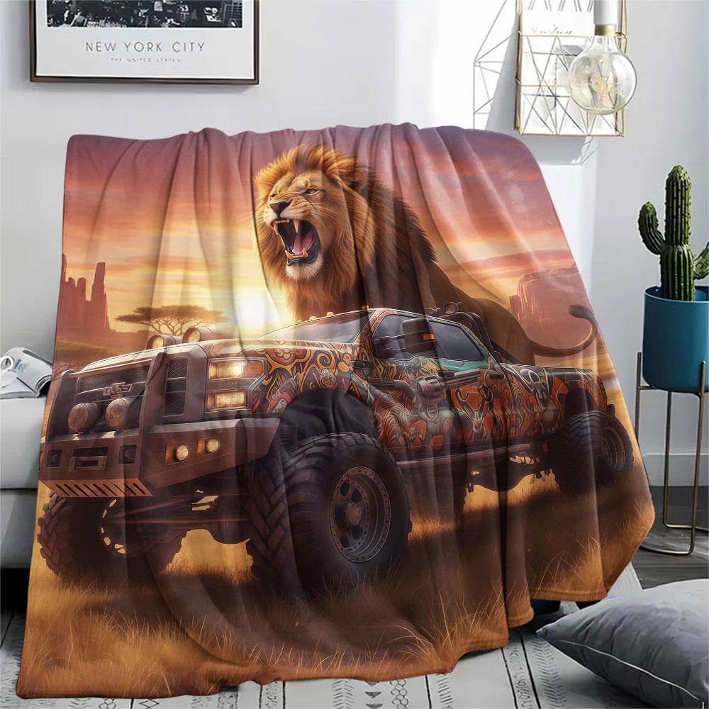 1Pc Cool Pickup Truck Print Flannel Blanket, High Quality Comfortable for All Seasons, Home Decor, Warmth and Comfort, Perfect for Christmas Gifts