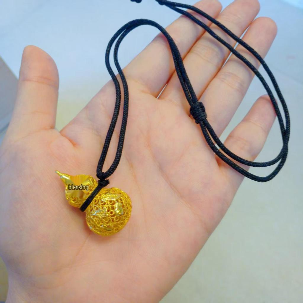 Fireproof Gold Gourd Pendant with Black Rope Sweater Chain - Non-fading, High Color Retention, New Chinese Hollow Design