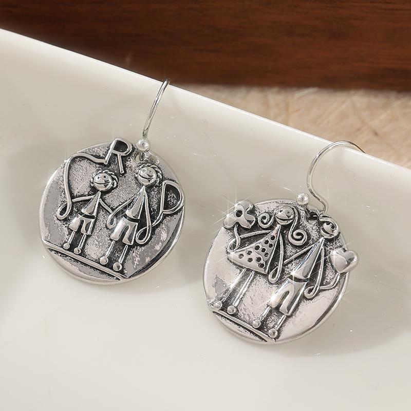 Vintage Silvery Plated Hand Carved Couple Character Pendant Earrings for Women's Exquisite Vacation Jewelry Accessories