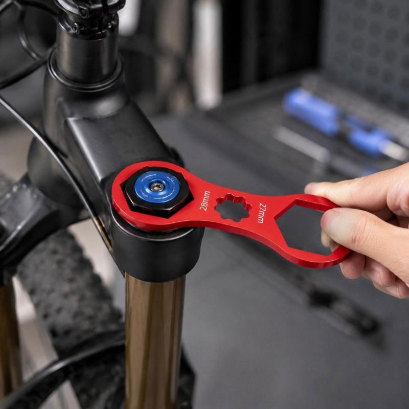 Aluminum Alloy Bicycles Fork Cap Wrenches with Two End Openings and Toothed Center Opening for Suspension Fork Maintenance