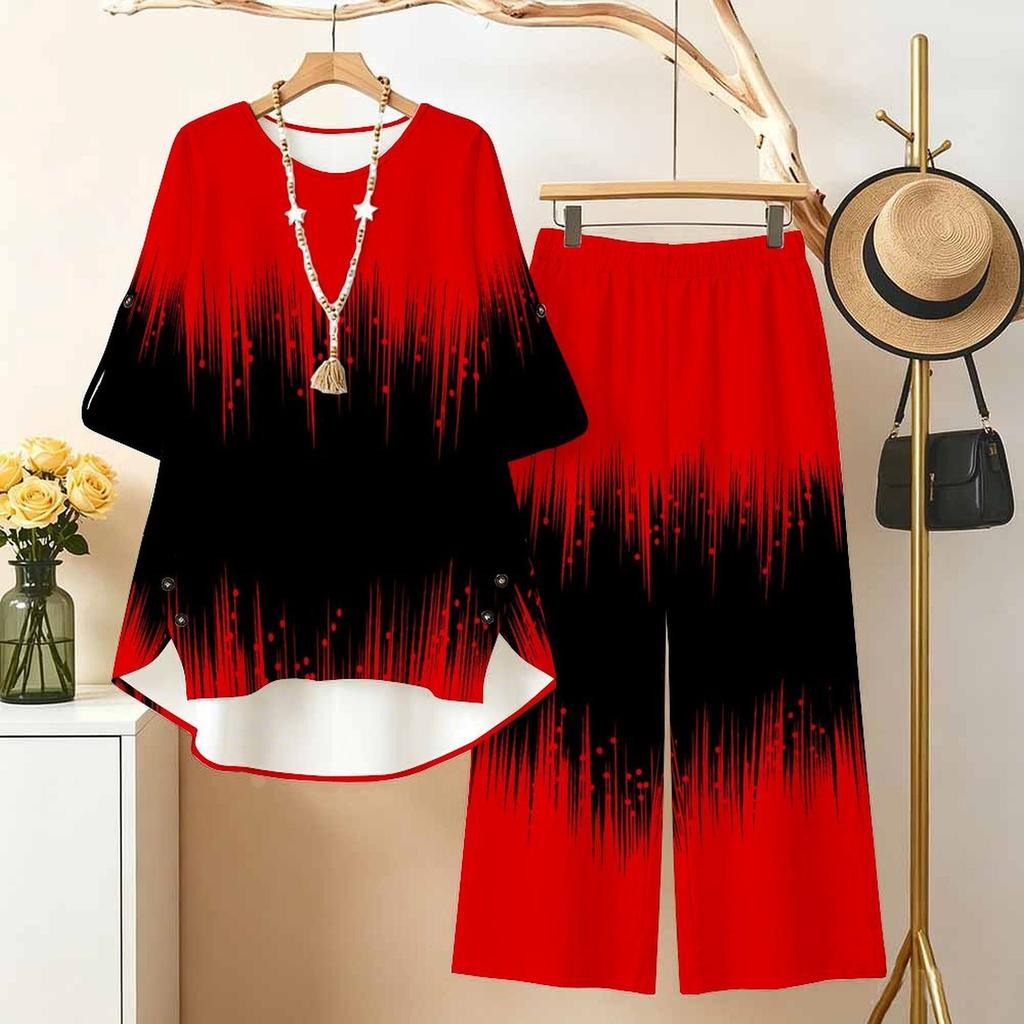 Women's 2‑Piece Outfit, Abstract Art 3/4 Sleeve Irregular Hem Top & Wide Leg Pants Set, Casual Loose Matching Suit