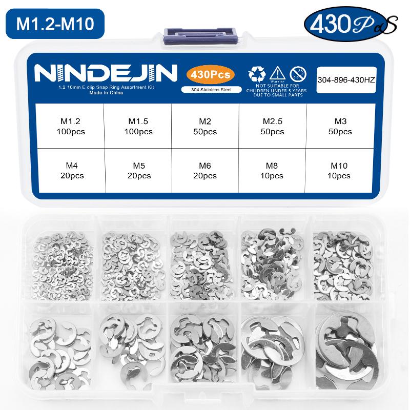NINDEJIN 430 Stück E-Clip Sortiments-Set M1.2-M10 Edelstahl Kohlenstoffstahl Sprengring Unterlegscheibe E-förmiger Außen-Sicherungsring