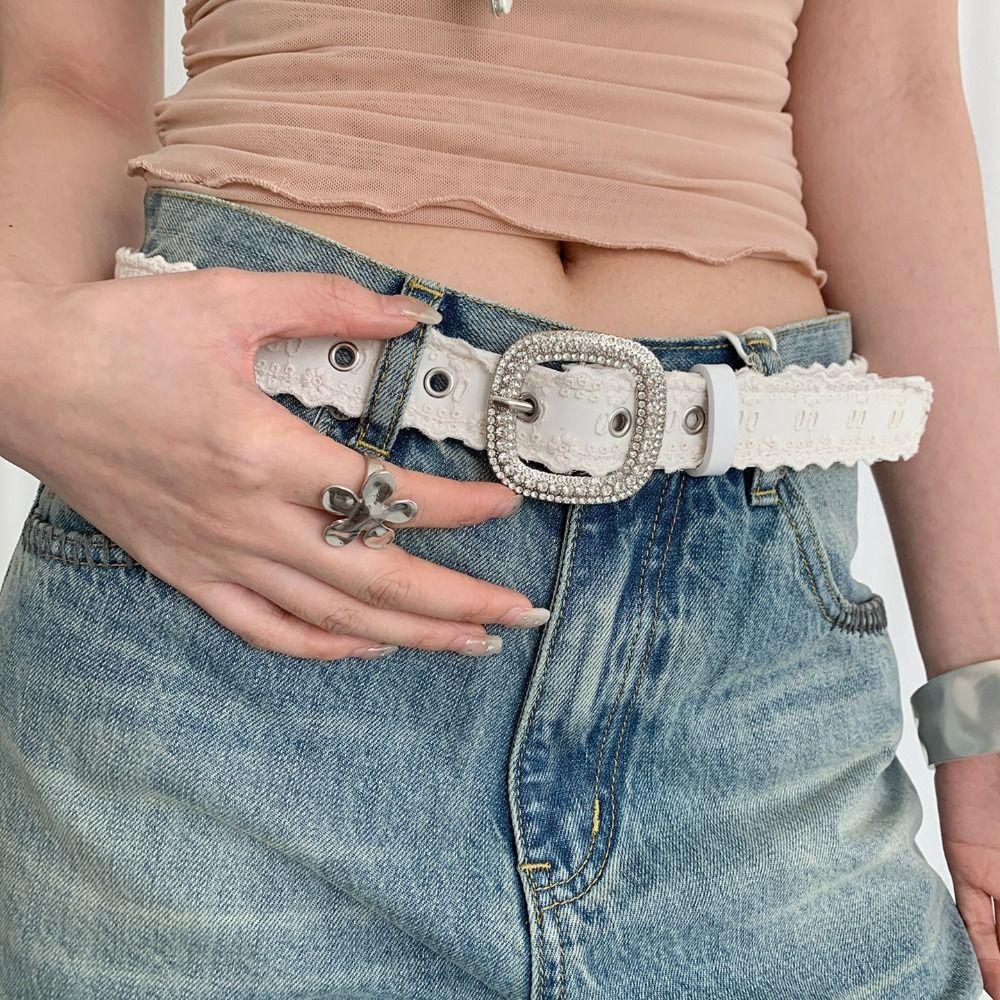 Ceinture en Cuir PU Strass Y2K Ceinture de Taille Femme Dentelle Vintage Homme