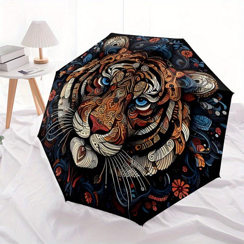 1pc Tiger Mandala Automatic Open/close Folding Compact Umbrella, 8-Rib Sturdy Canopy, Lightweight Portable, Everyday Use, Gift, Outdoor Umbrella, Trav