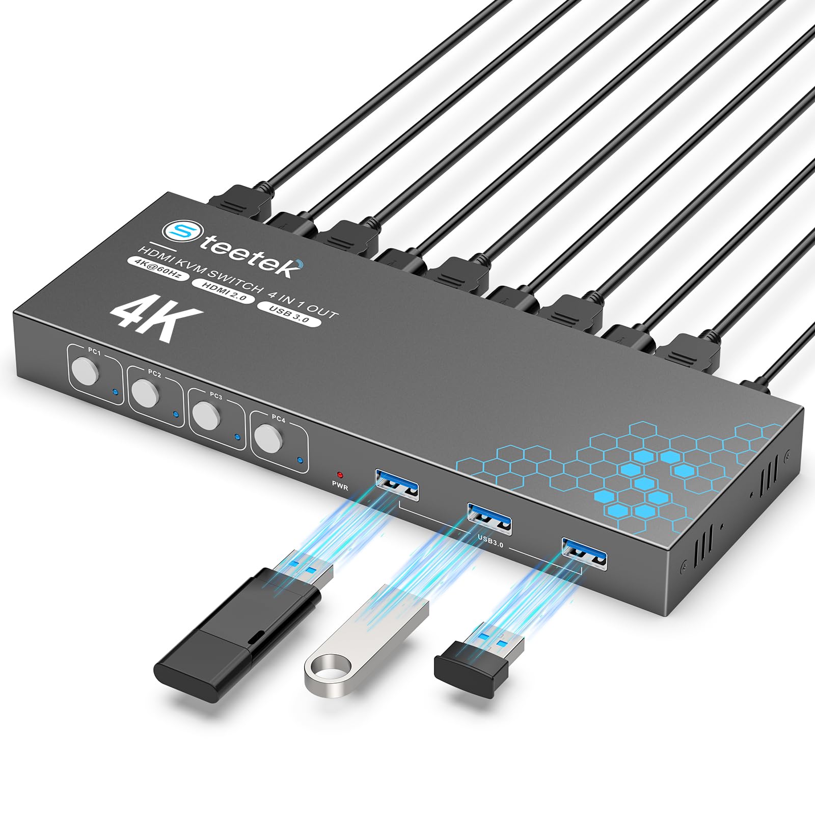 

4K HDMI KVM Share 1 Monitor with 4 4 Port Monitor Switcher with Full USB Supports PC Switch Plug and with EDID Switch, Computers/4PCs, 3.0 Ports,