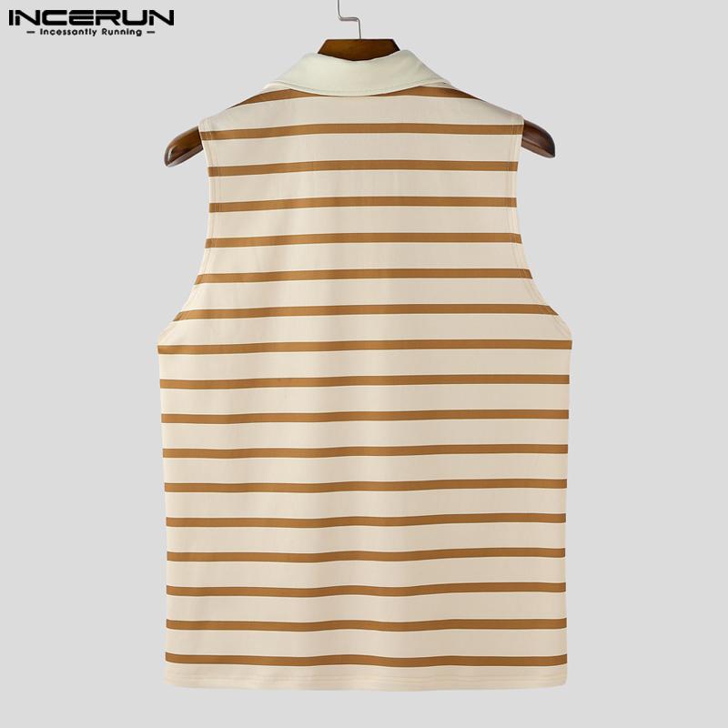 INCERUN Men Lapel Collar Sleeveless Stitching Striped Casual Loose Tank Tops