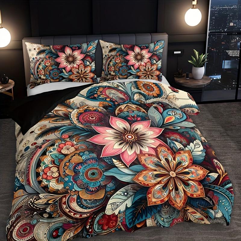 Bohemian Mandala Floral Bedding Set: 3Pcs (1 Duvet Cover + 2 Pillow Cases) - No Pillow Inserts Included, Christmas Present