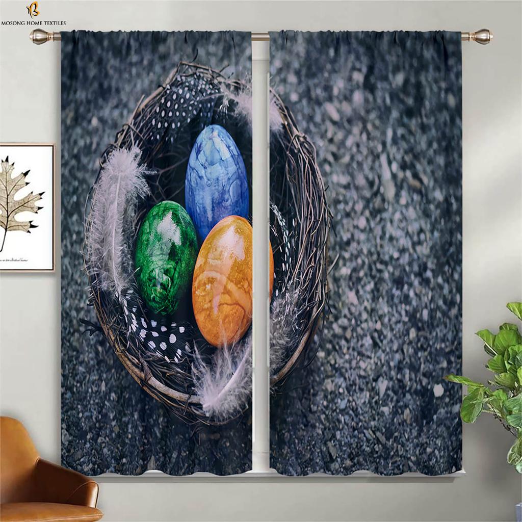 Set Of 2 Cute Cartoon Rabbit Colored Eggs Easter Print Curtain Bedroom Living Room Children Decorative Curtains Made Polyester Great Window Treatment