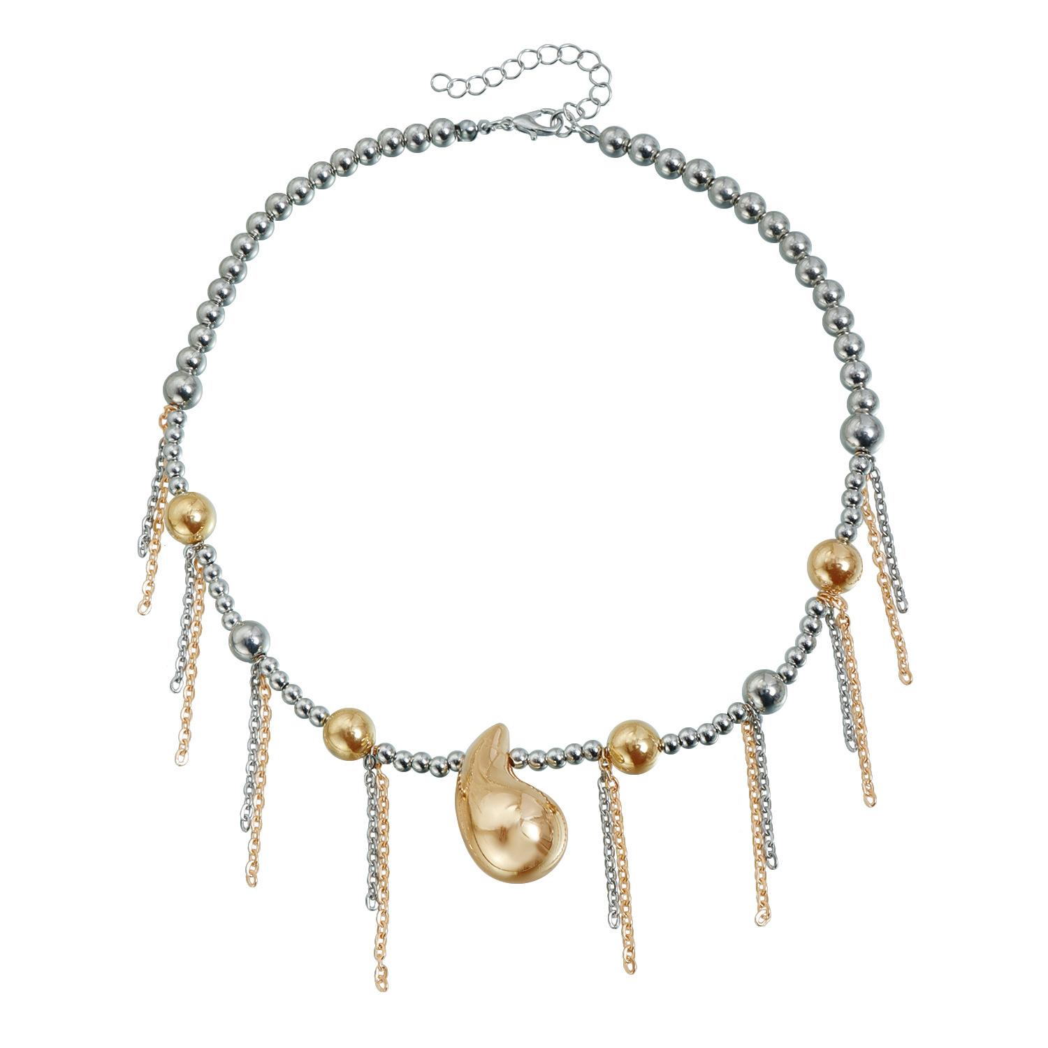 

Contrasting color metal feeling water drop necklace, niche design feeling gold and silver double color round bead chain