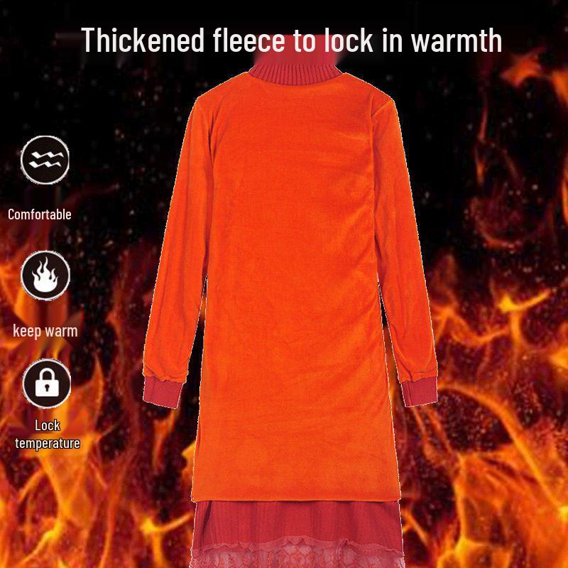 Women's Plus Velvet Thick Mid-Length Knit Sweater Dress - Loose Fit with Lace and Half-High Collar for Autumn and Winter