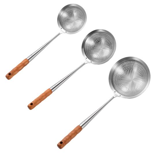 Stainless Steel Large Skimmer with Slotted Spoon for Wooden Handle Heavy-Duty Frying Dumplings Noodles Rust-Proof Dishwasher