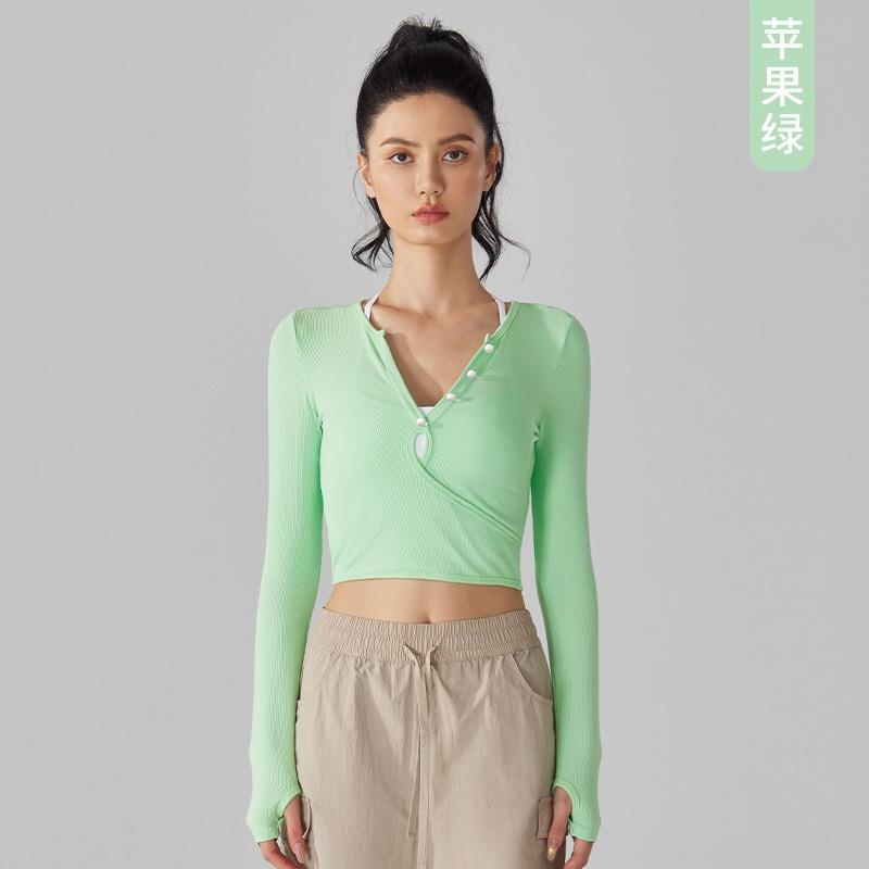 

Осенне-зимний спортивный топ с V-образным вырезом и длинными рукавами, закрывающий пупок XL яблочный зеленый