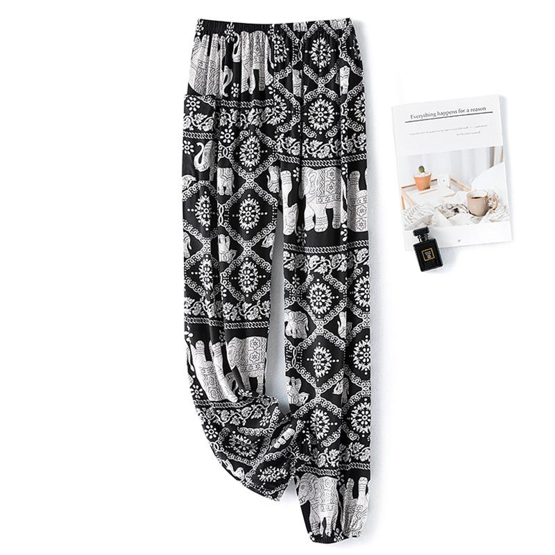 Pantaloni de pijama din bumbac mătase pentru femei, secțiune subțire de vară, anti-țânțari, pantaloni cu picior lat, culoare uni, pentru exterior, casă, petrecere a timpului liber, imprimeu, pantaloni de plajă până la genunchi