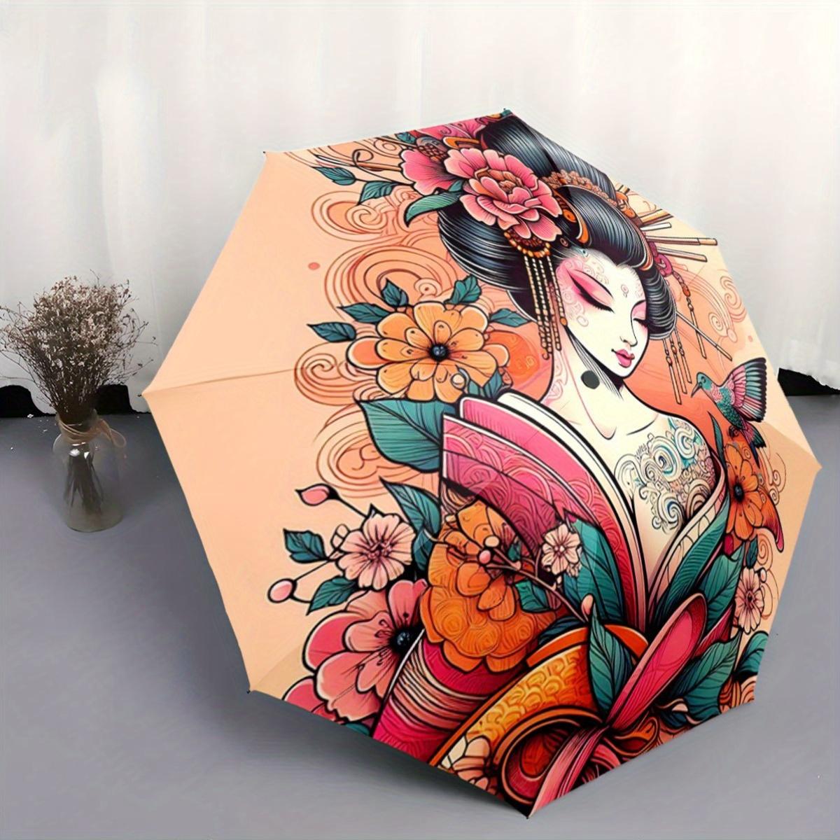 

Japanese Geisha Floral Umbrella - Automatic Open/Close, Compact Folding Umbrella with Floral Patterns (Pink/Orange/Teal/Red/Wh (as the picture,iron&8K)