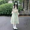 Sweet & Cute Green Spaghetti Strap Dress with Summer Sun Protection Top - Two-Piece Set for Female Students