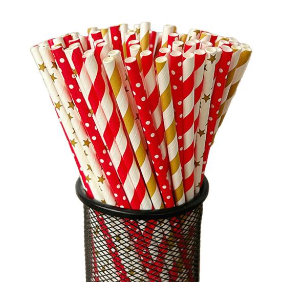 100Pcs Biodegradable Paper Straws Colorful Striped Print Food-Grade Safe Drinking Straws Party Supplies