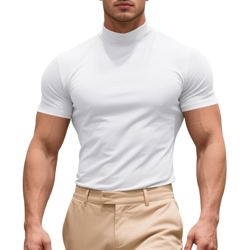 Summer Solid Color Men's Short Sleeved T-shirt Fashionable Casual Tight Fit High Neck Thin Base Shirt
