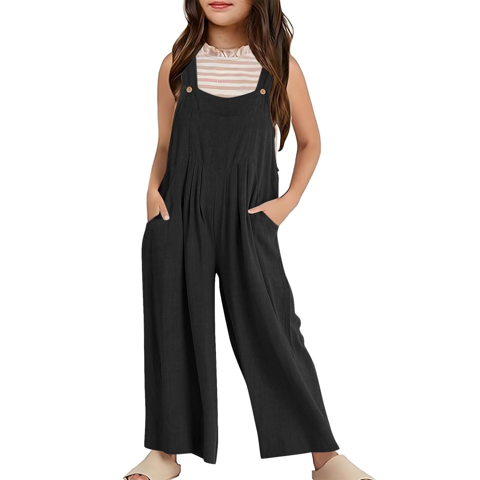 

Летний детский однотонный повседневный комбинезон с карманами для девочек, свободный комбинезон 150 чёрный