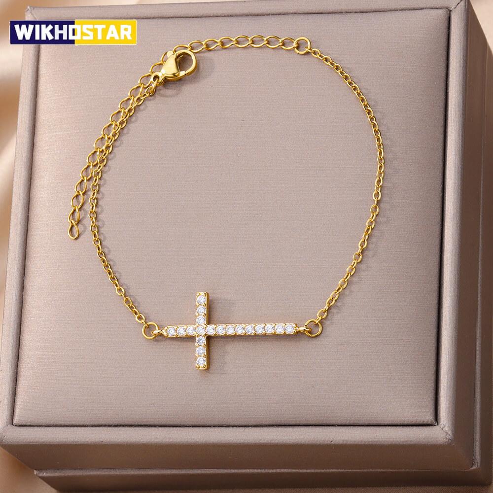 Crystal Cross Bracelets For Women Men Fashion Gold Color Stainless Steel Cross Bracelet Vintage Religion Aesthetic Jewelry Gift
