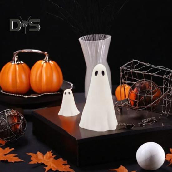 2 Pcs Halloween Ghost Figurine Resin Ghost Sculpture Cute White Ghost Statue Home Table Centerpieces Mini Ghost Ornament for Kitchen Shelf Fireplace