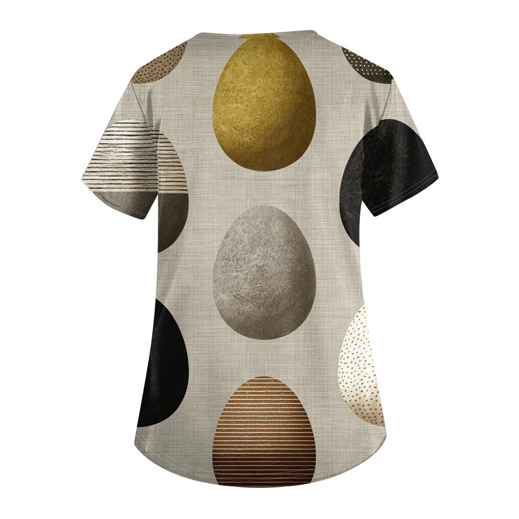 Women's Fashion V-Neck Short-Sleeved Workwear With Pockets Easter Print Top Caregiver Uniform