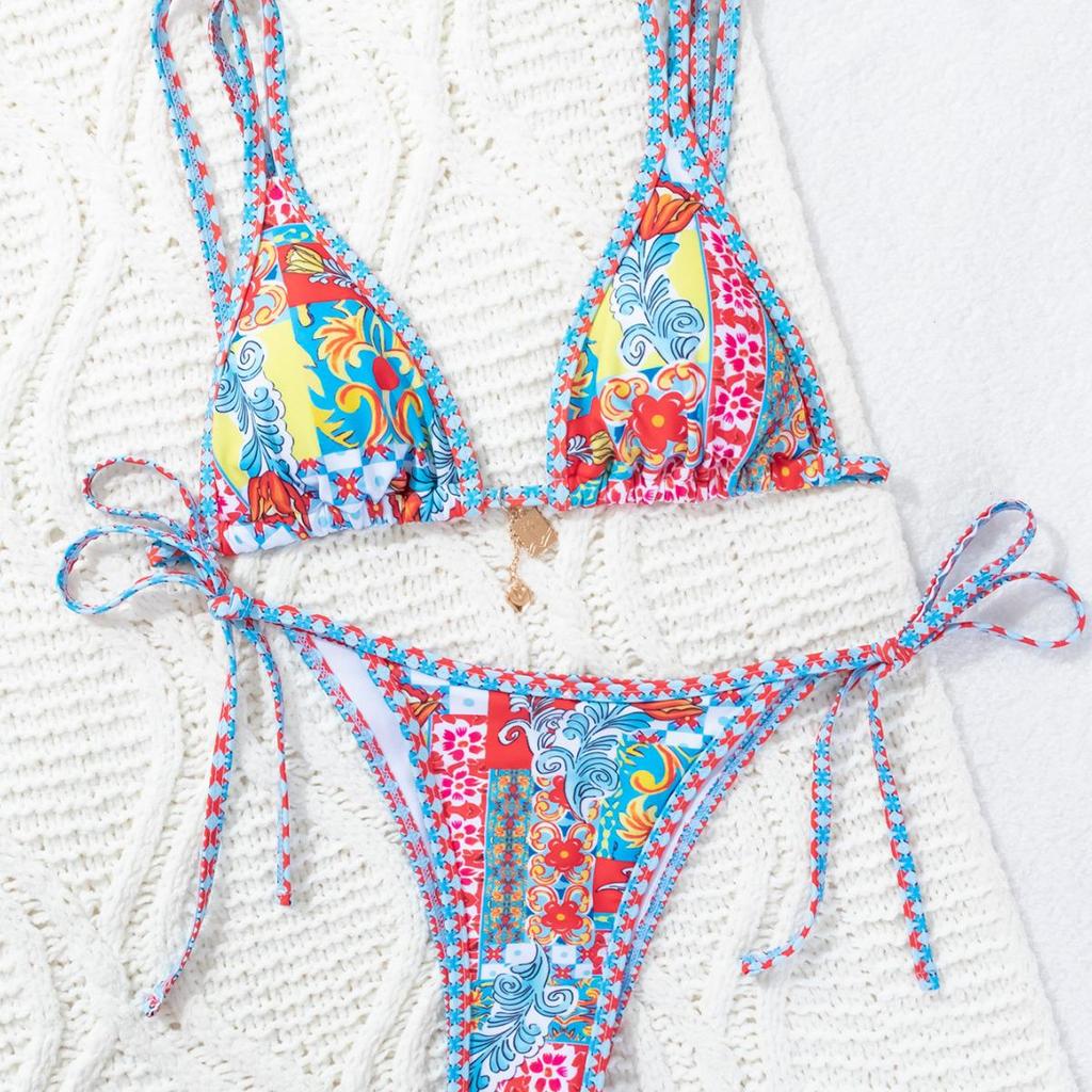 2024 European & American Print Triangle Cup Tie-Up Bikini Swimsuit for Women