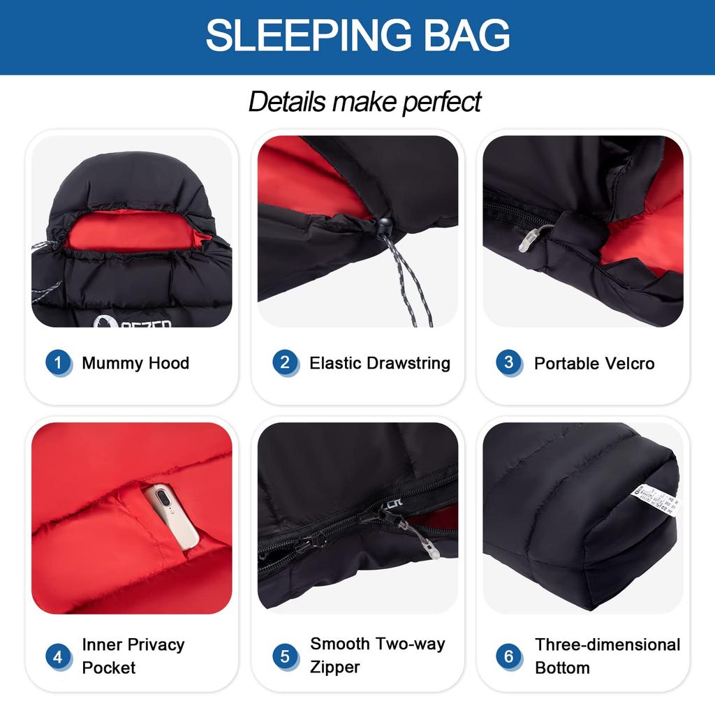 QEZER Down Mummy Sleeping Bag - Ultralight, Compact, -18°C to 20°C, 600FP, All-Season, Camping, Hiking, Car Camping, Emergency Use, Outdoor Sleeping B