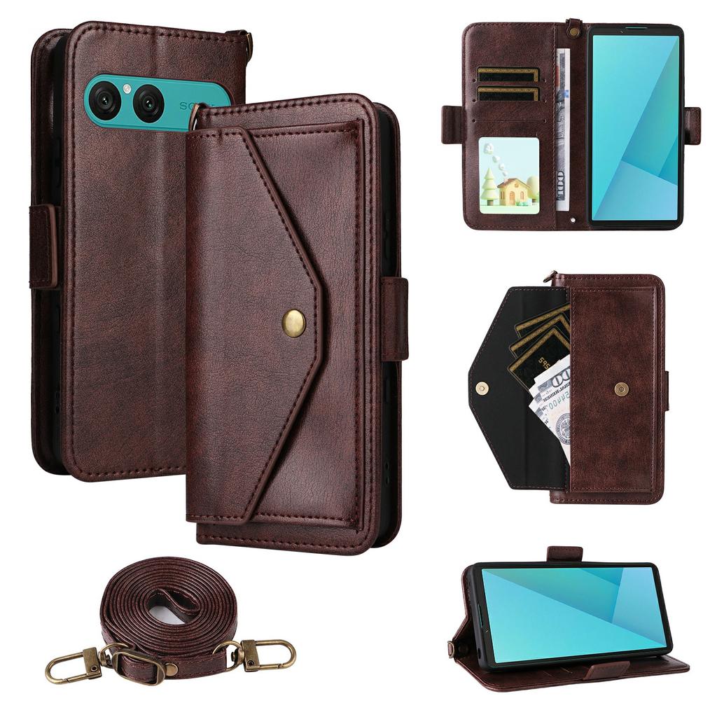 For Sony Xperia 10 VII Leather Case Magnetic Closure Wallet Stand Phone Cover with Crossbody Strap