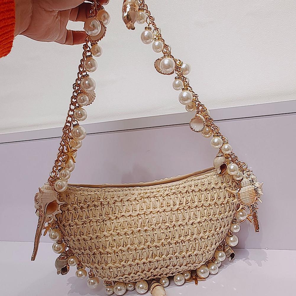 Bohemian Pearls Straw Bag Pearls Shell Hand-Woven Women Handbag Handwoven Conch Starfish Beach Bag Rattan Half Moon Shoulder Bag
