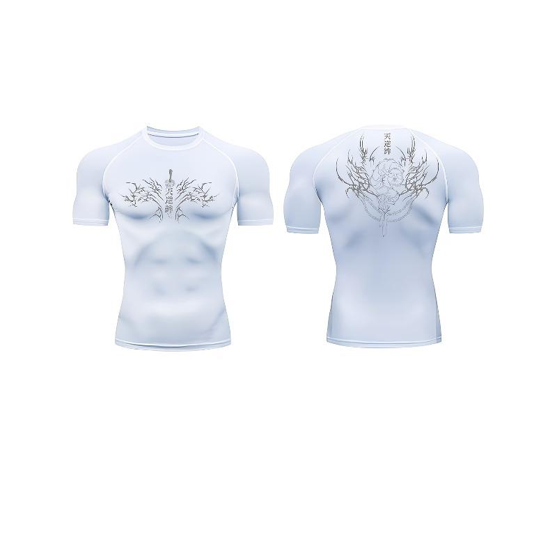 Men's Compression Shirt Quick Dry Light Blue Gym T-Shirt Tribal Spike Print Workout Sportswear