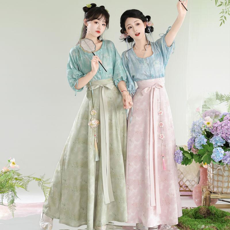 Chinese Tang Dynasty Style Hanfu Printed Tang Robe Top Waist Skirt Modified Daily Suit For Women